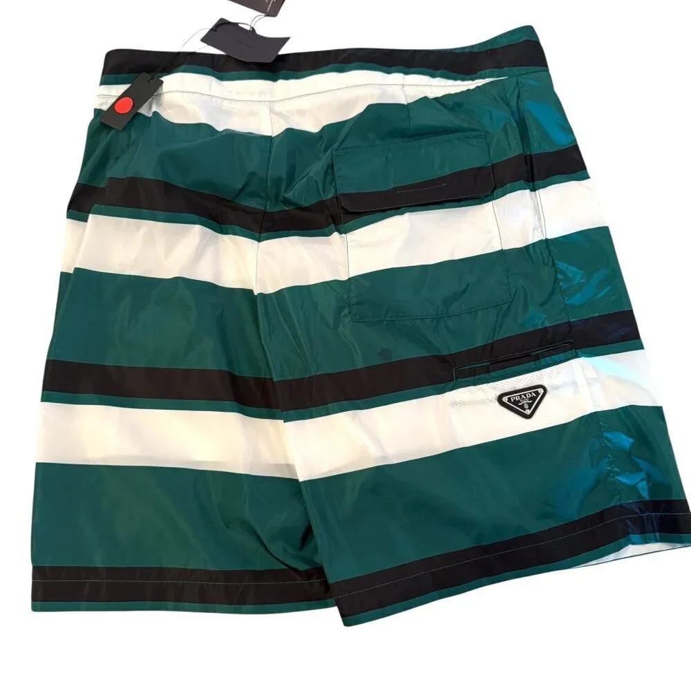 PRADA UB334 Men's Green Boxer Baiadera Nylon Striped Swim Suit Sz. 50- 34